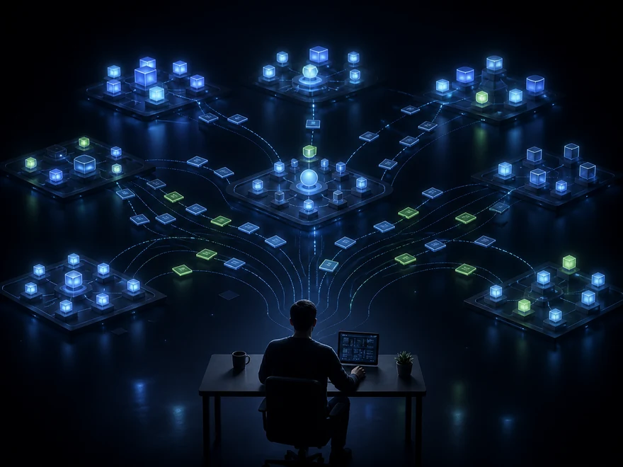 One person directing several connected groups of digital agents from a central workspace