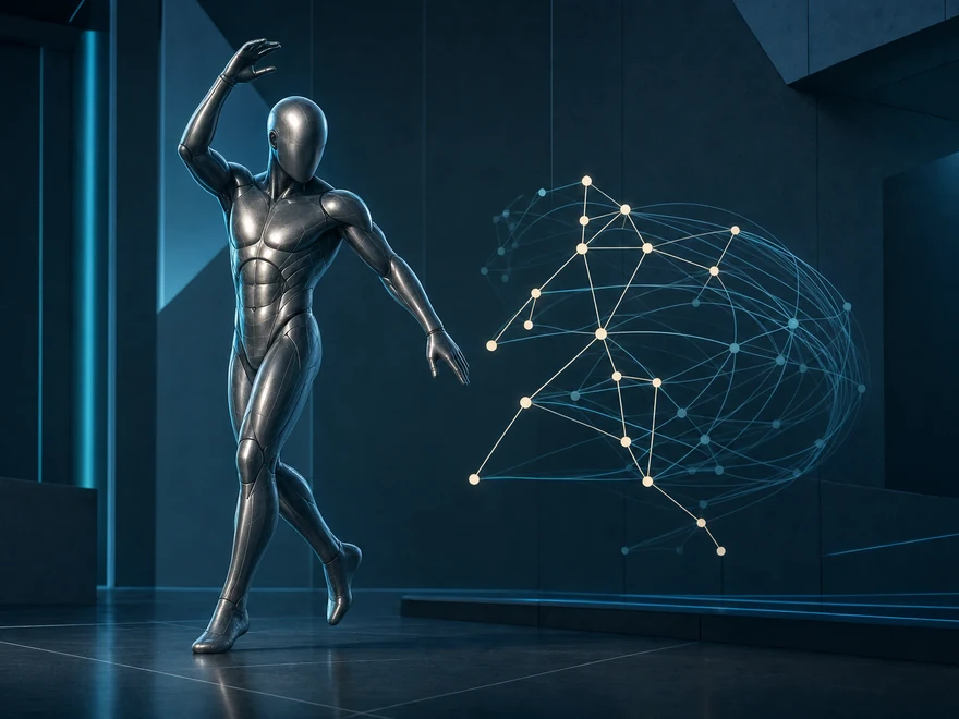 A moving human figure beside a temporal graph representation of body motion