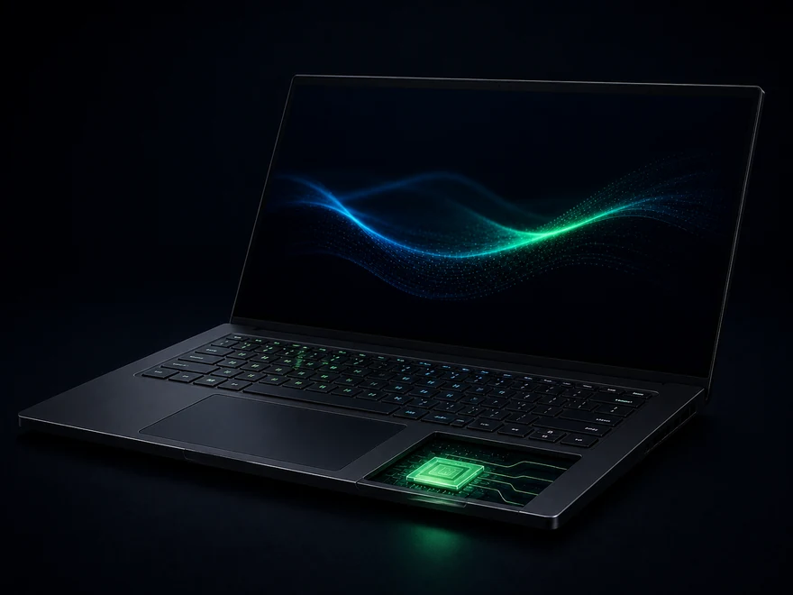 A matte-black gaming laptop with a glowing on-device AI processor beneath the palm rest